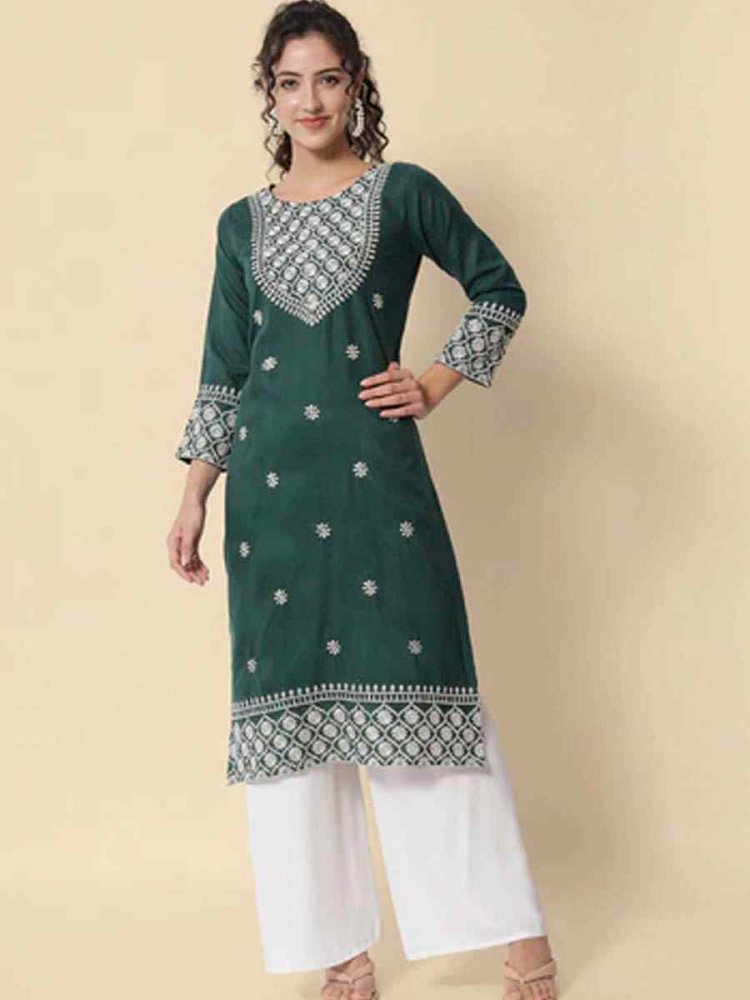 Green Cotton Blend Embroidered Casual Festival Kurti