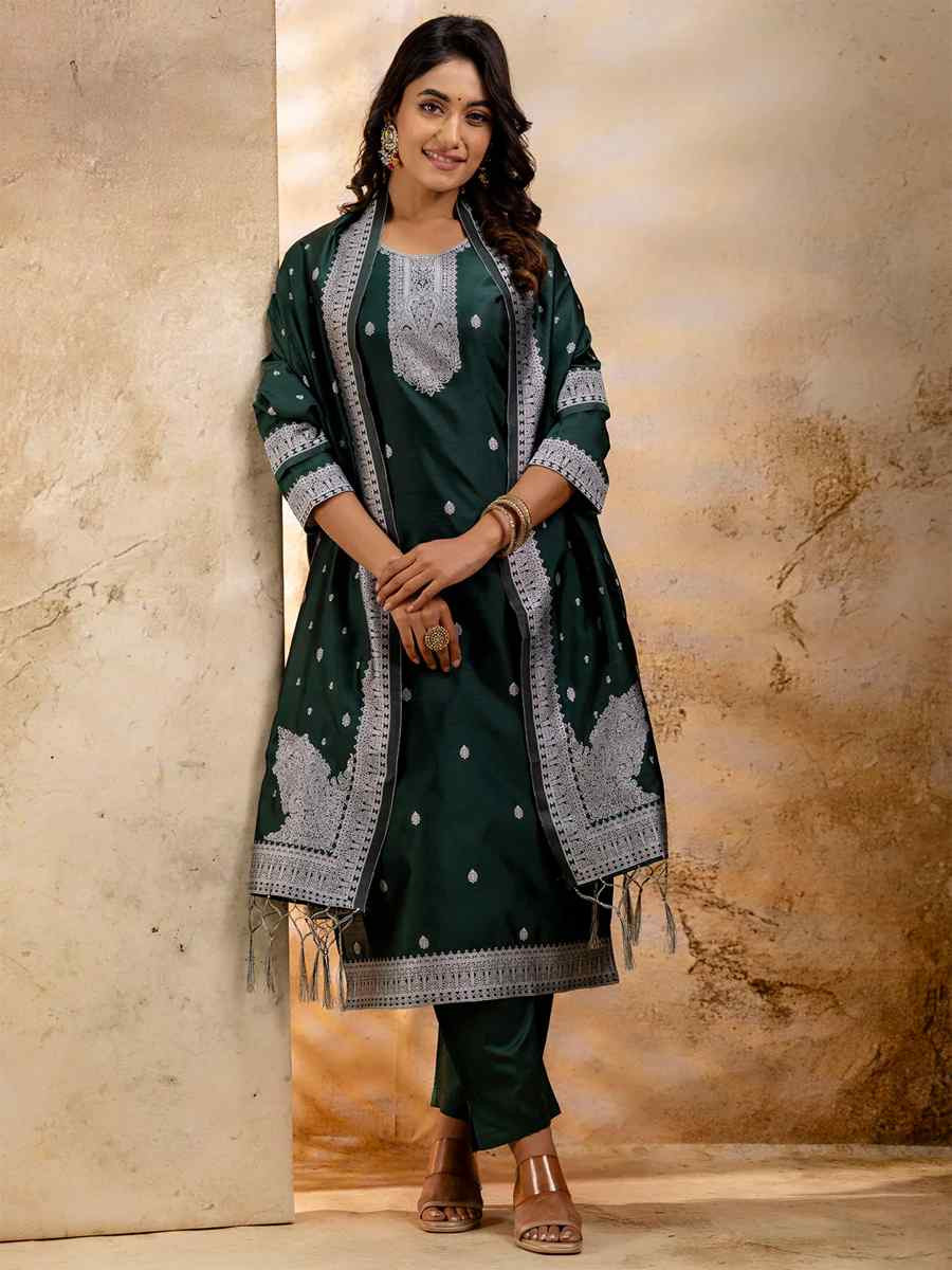 Green Cotton Blend Embroidered Festival Wedding Ready Pant Salwar Kameez