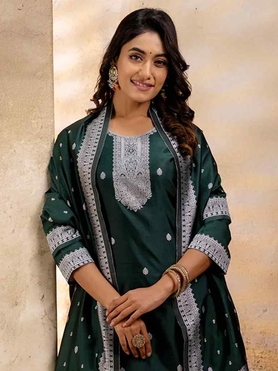 Green Cotton Blend Embroidered Festival Wedding Ready Pant Salwar Kameez