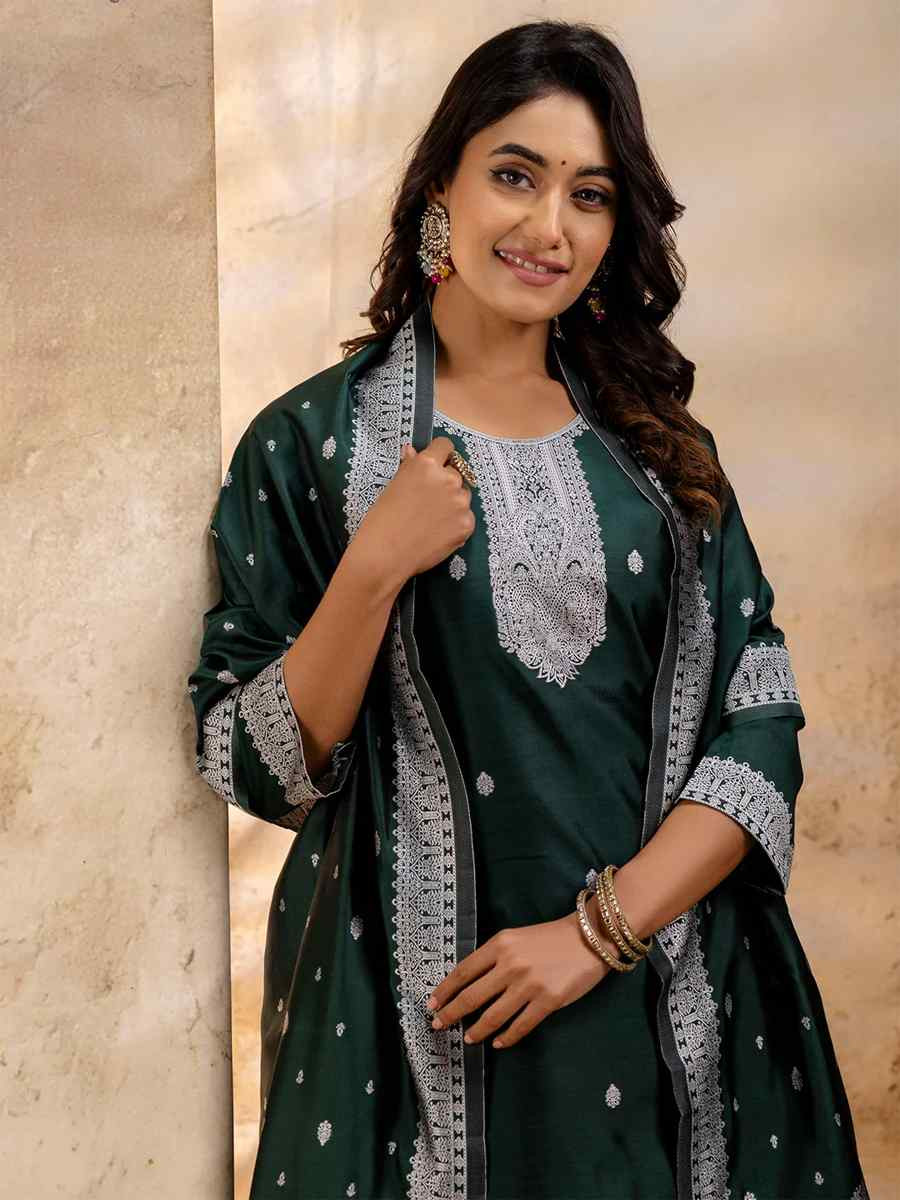 Green Cotton Blend Embroidered Festival Wedding Ready Pant Salwar Kameez