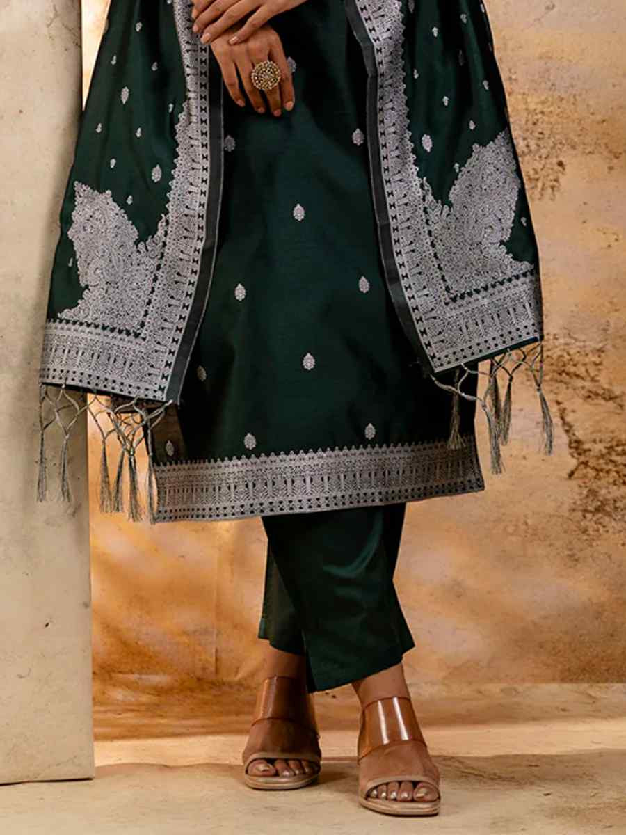 Green Cotton Blend Embroidered Festival Wedding Ready Pant Salwar Kameez