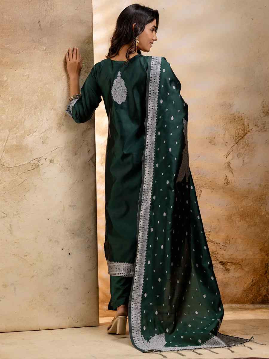 Green Cotton Blend Embroidered Festival Wedding Ready Pant Salwar Kameez