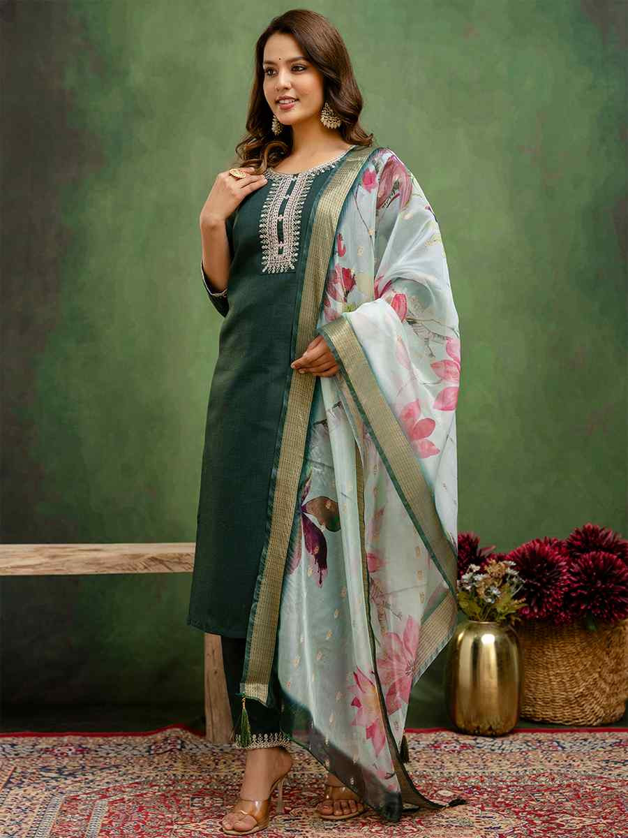 Green Cotton Blend Embroidery Party Wedding Festival Casual Ready Pant Salwar Kameez
