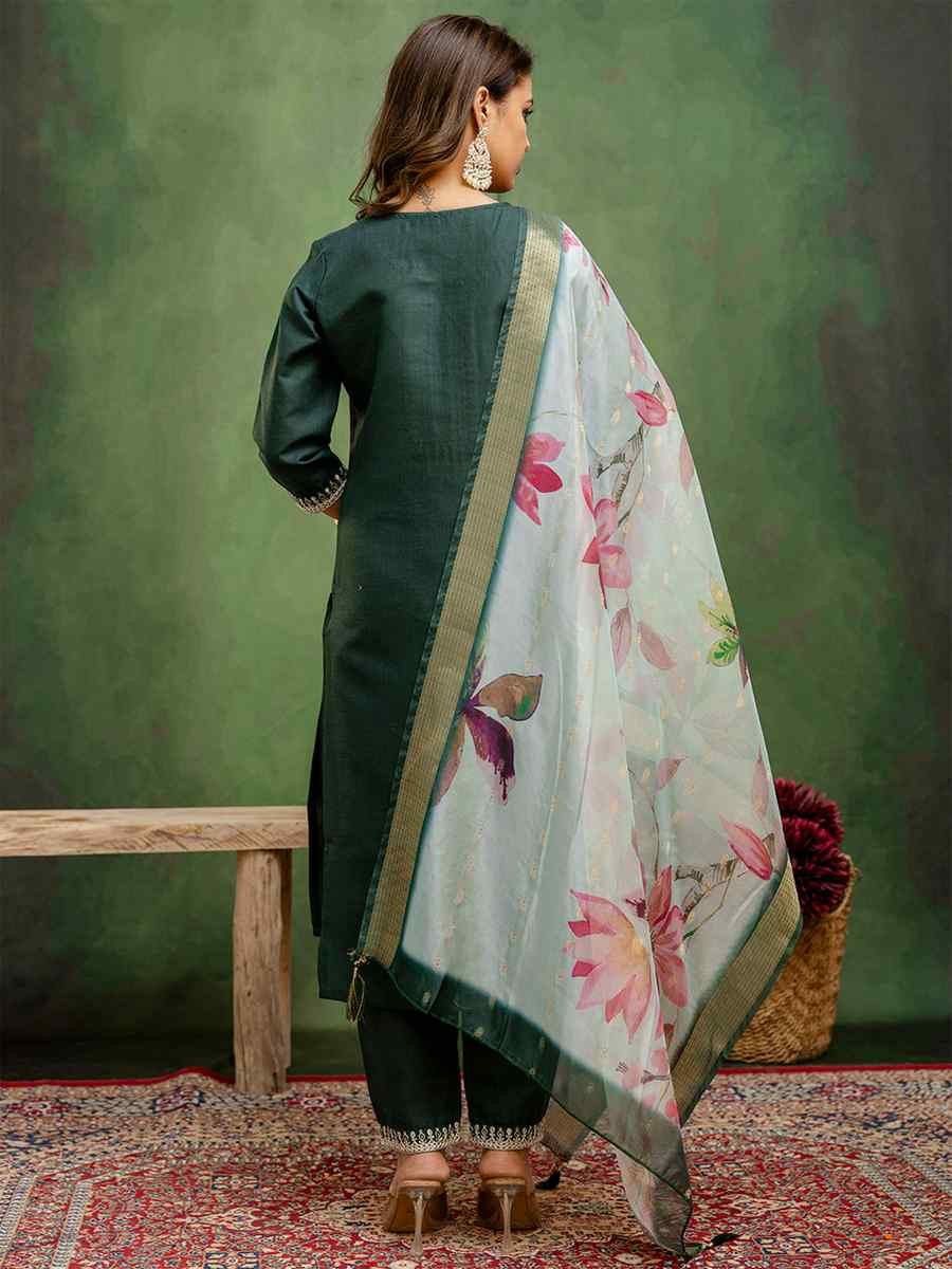 Green Cotton Blend Embroidery Party Wedding Festival Casual Ready Pant Salwar Kameez