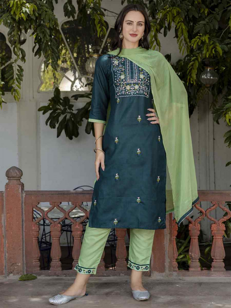 Image of Green Cotton Blend Embroidery Party Wedding Festival Casual Ready Pant Salwar Kameez