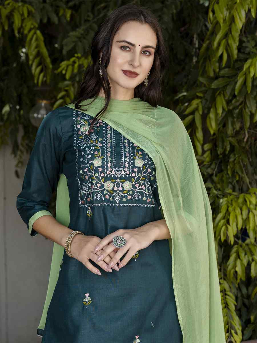 Green Cotton Blend Embroidery Party Wedding Festival Casual Ready Pant Salwar Kameez
