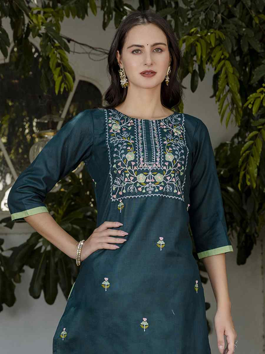 Green Cotton Blend Embroidery Party Wedding Festival Casual Ready Pant Salwar Kameez