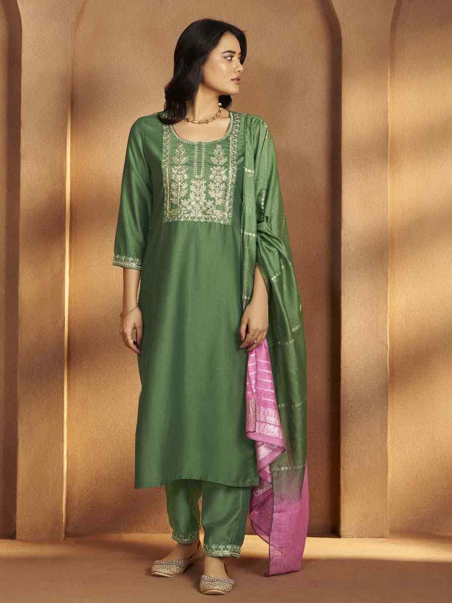 Green Cotton Blend Embroidery Party Wedding Festival Casual Ready Pant Salwar Kameez
