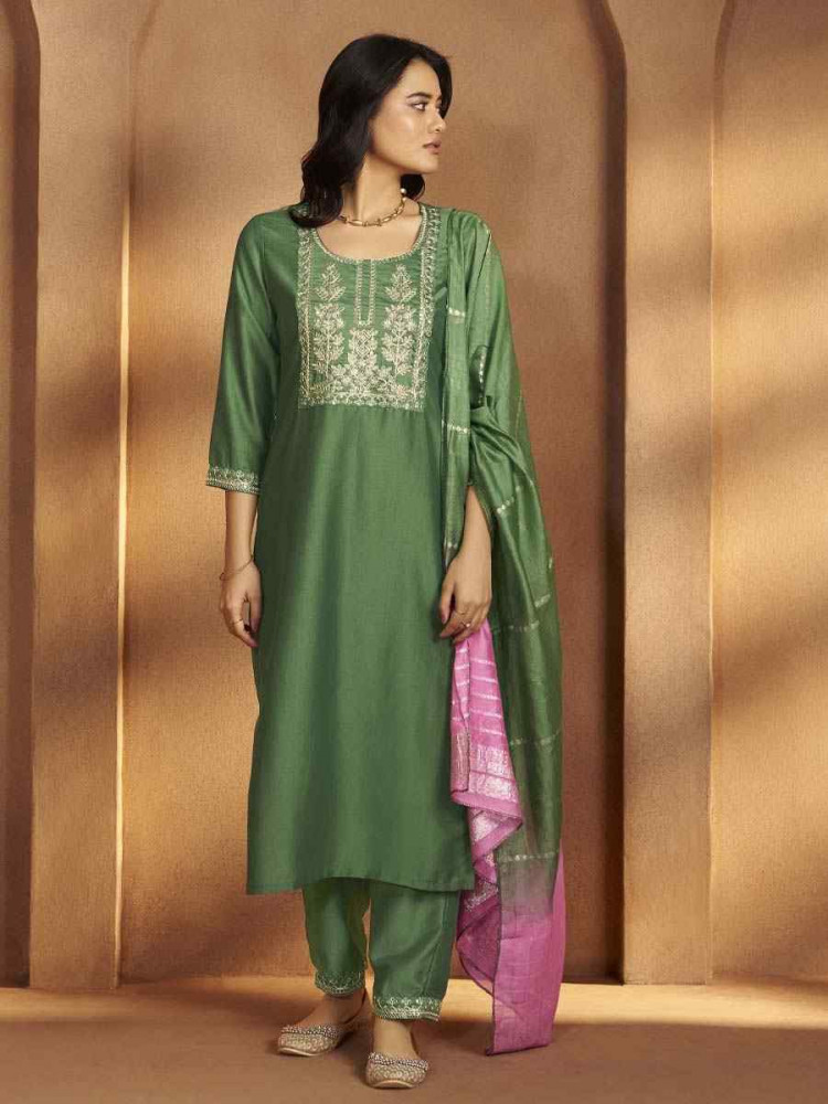 Image of Green Cotton Blend Embroidery Party Wedding Festival Casual Ready Pant Salwar Kameez
