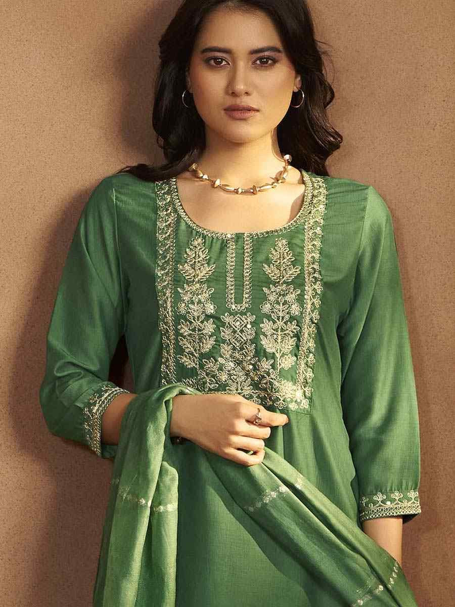 Green Cotton Blend Embroidery Party Wedding Festival Casual Ready Pant Salwar Kameez