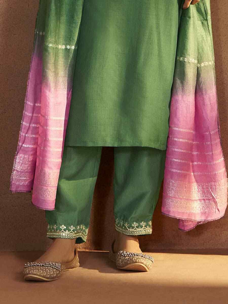 Green Cotton Blend Embroidery Party Wedding Festival Casual Ready Pant Salwar Kameez