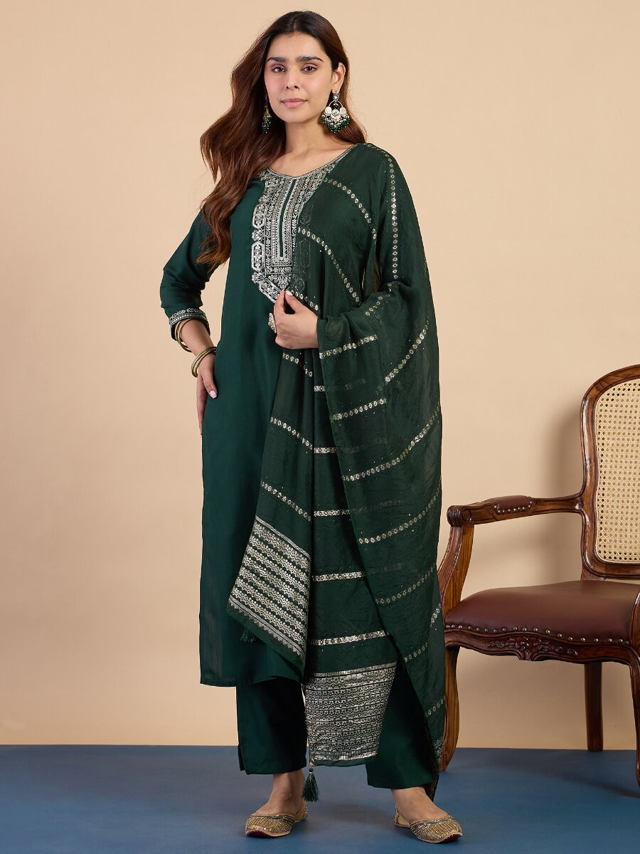 Green Cotton Blend Embroidery Wedding Party Festival Casual Ready Pant Salwar Kameez