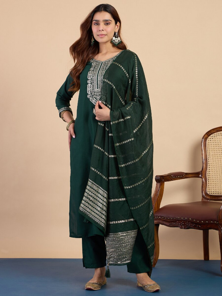 Image of Green Cotton Blend Embroidery Wedding Party Festival Casual Ready Pant Salwar Kameez