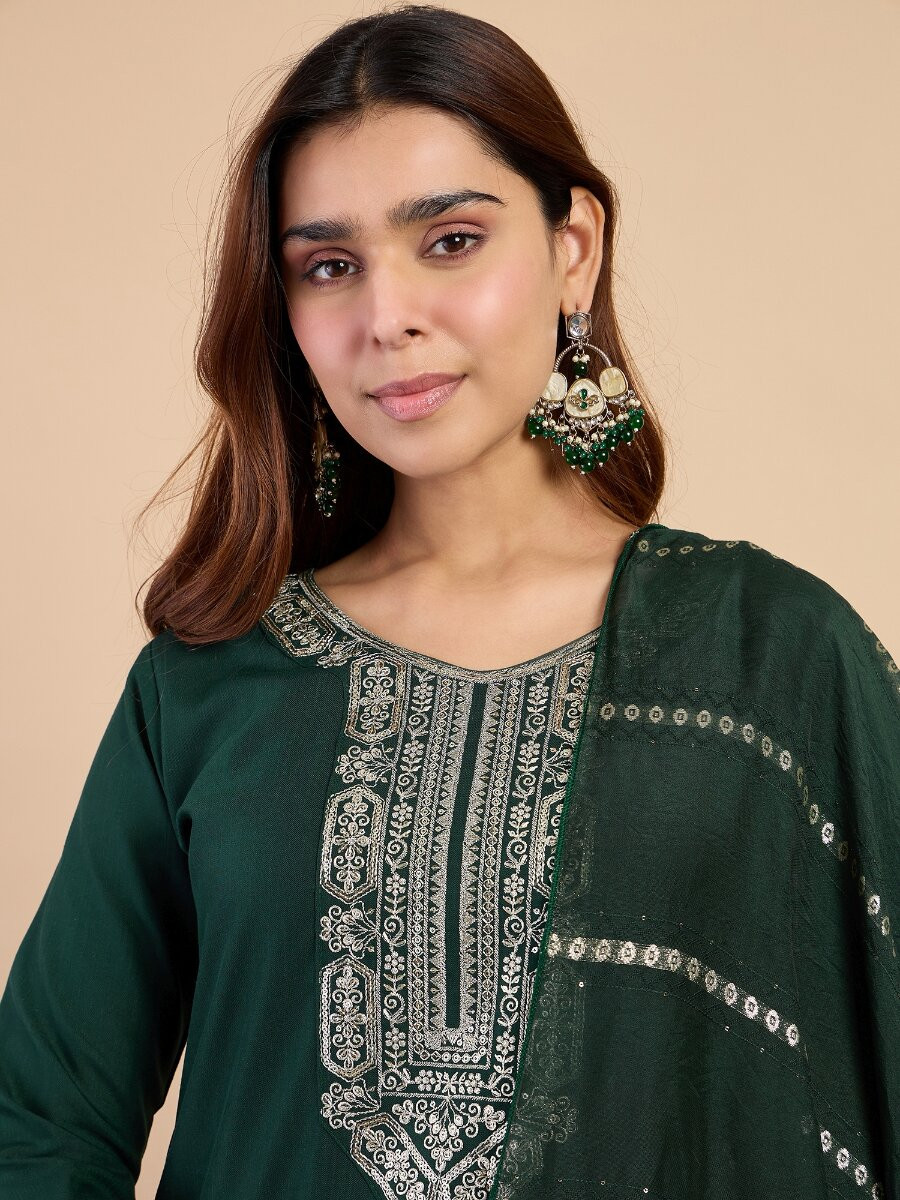 Green Cotton Blend Embroidery Wedding Party Festival Casual Ready Pant Salwar Kameez
