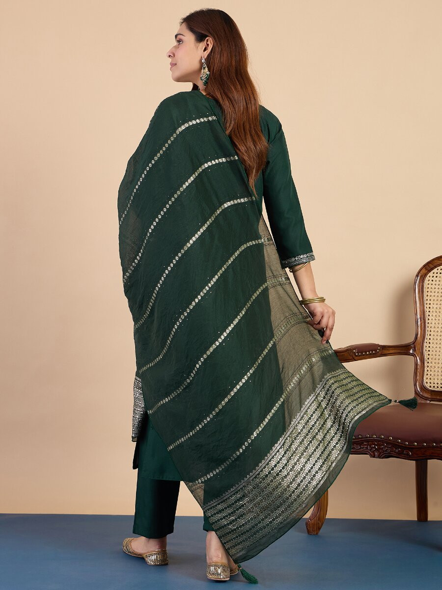 Green Cotton Blend Embroidery Wedding Party Festival Casual Ready Pant Salwar Kameez