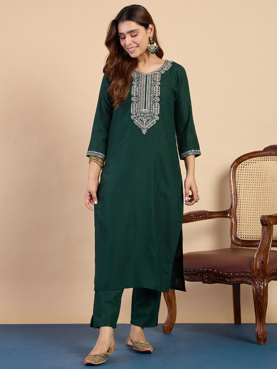 Green Cotton Blend Embroidery Wedding Party Festival Casual Ready Pant Salwar Kameez