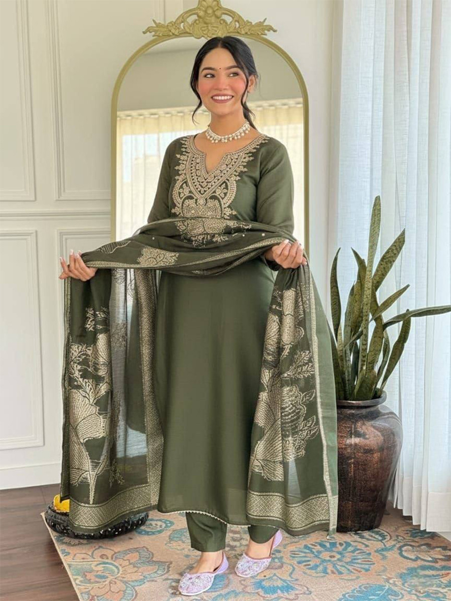 Green Cotton Blend Embroidery Zari Sequins Wedding Festival Casual Ready Pant Salwar Kameez