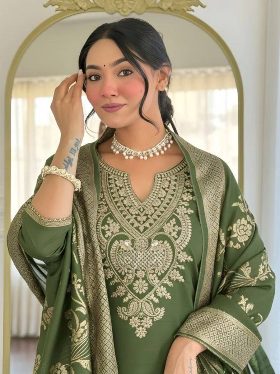 Green Cotton Blend Embroidery Zari Sequins Wedding Festival Casual Ready Pant Salwar Kameez