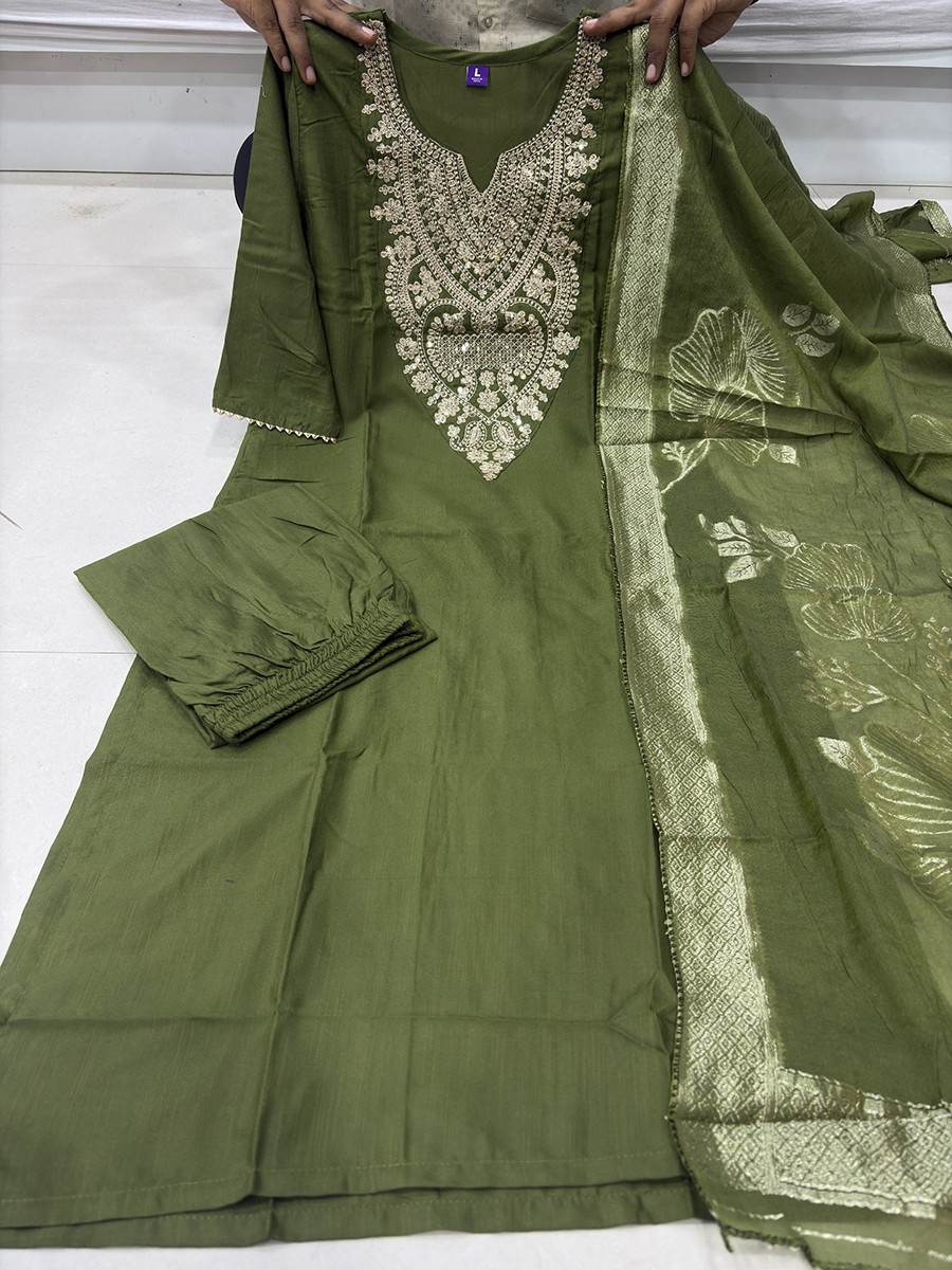 Green Cotton Blend Embroidery Zari Sequins Wedding Festival Casual Ready Pant Salwar Kameez