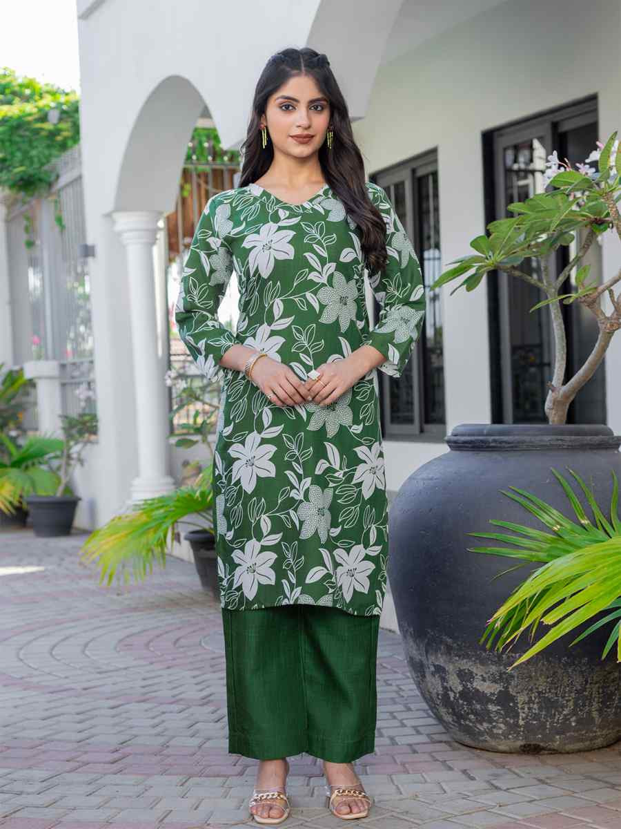 Green Cotton Blend Printed Festival Casual Kurti