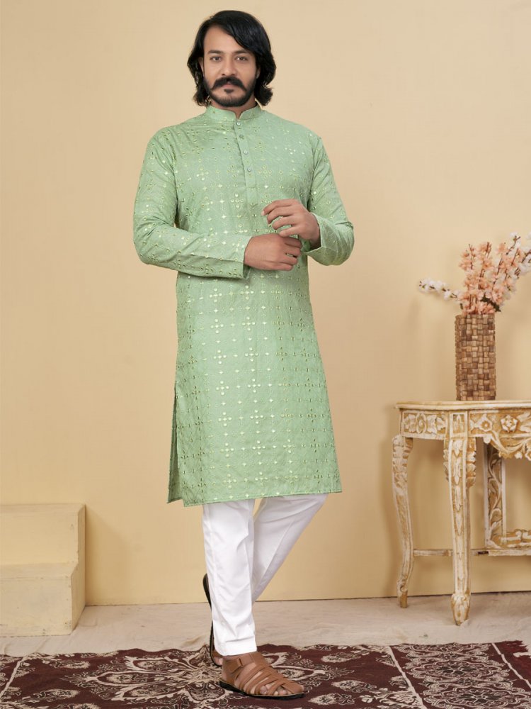 Green Cotton Embroidered Festival Casual Kurta