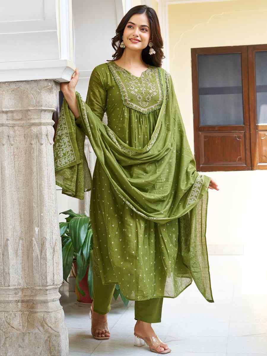 Green Cotton Embroidered Festival Casual Ready Pant Salwar Kameez
