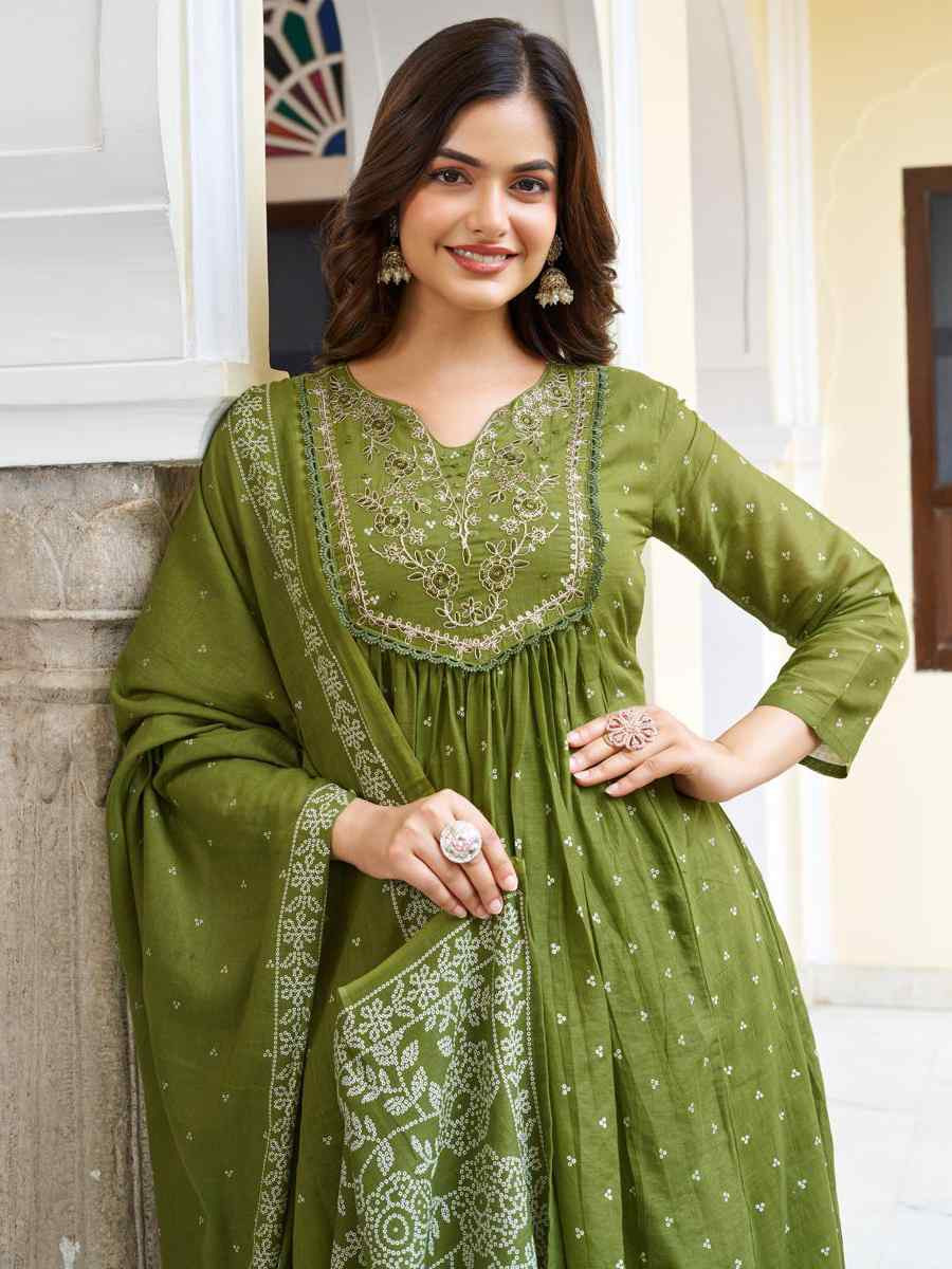 Green Cotton Embroidered Festival Casual Ready Pant Salwar Kameez