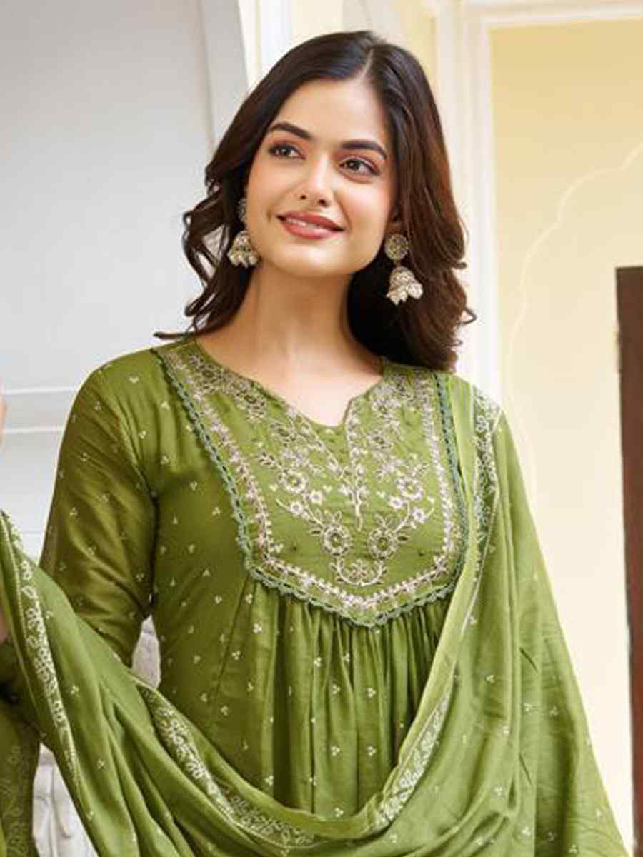 Green Cotton Embroidered Festival Casual Ready Pant Salwar Kameez