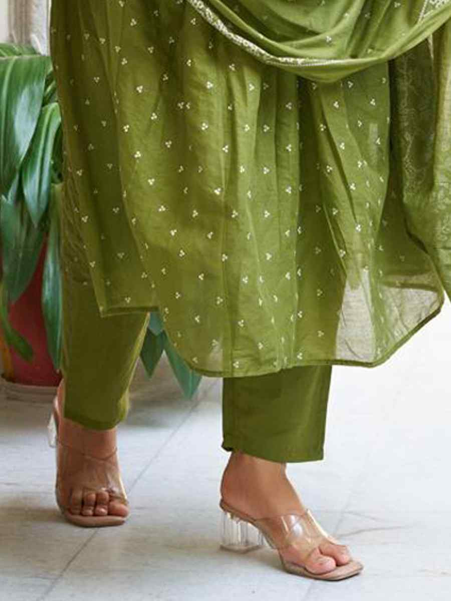 Green Cotton Embroidered Festival Casual Ready Pant Salwar Kameez