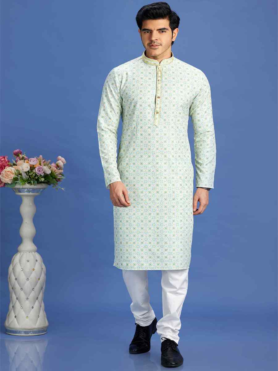Green Cotton Embroidered Festival Party Kurta