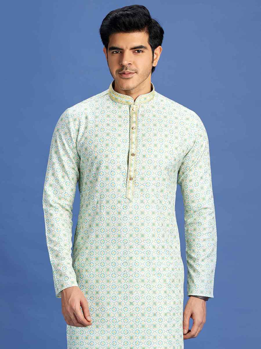 Green Cotton Embroidered Festival Party Kurta