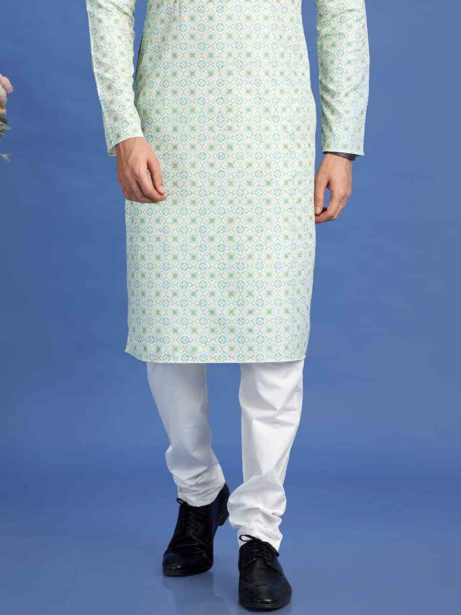 Green Cotton Embroidered Festival Party Kurta