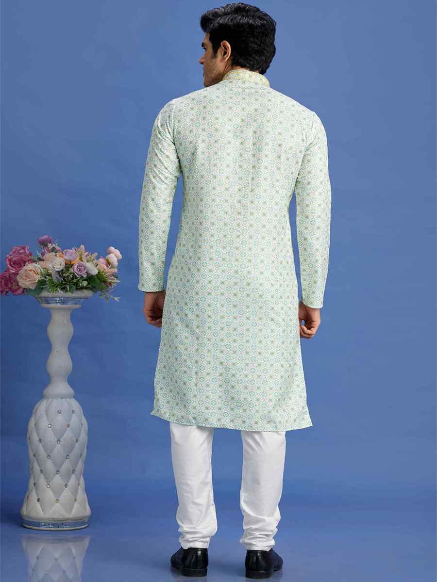 Green Cotton Embroidered Festival Party Kurta