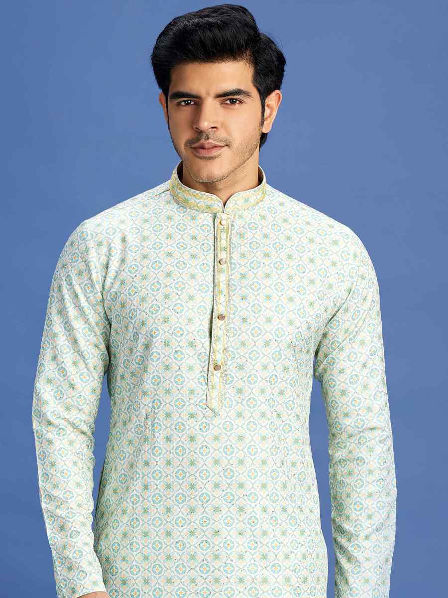 Green Cotton Embroidered Festival Party Kurta