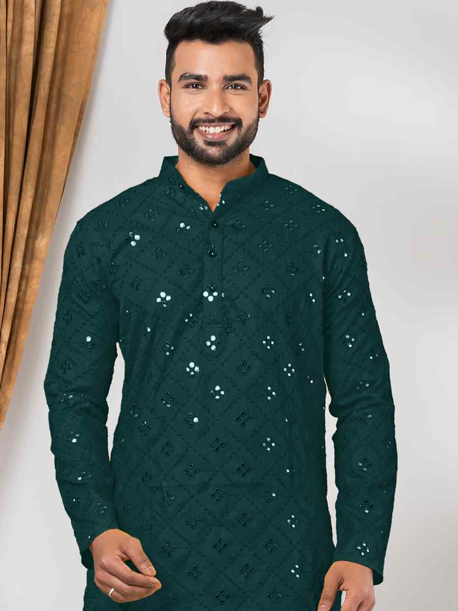 Green Cotton Embroidered Festival Party Kurta