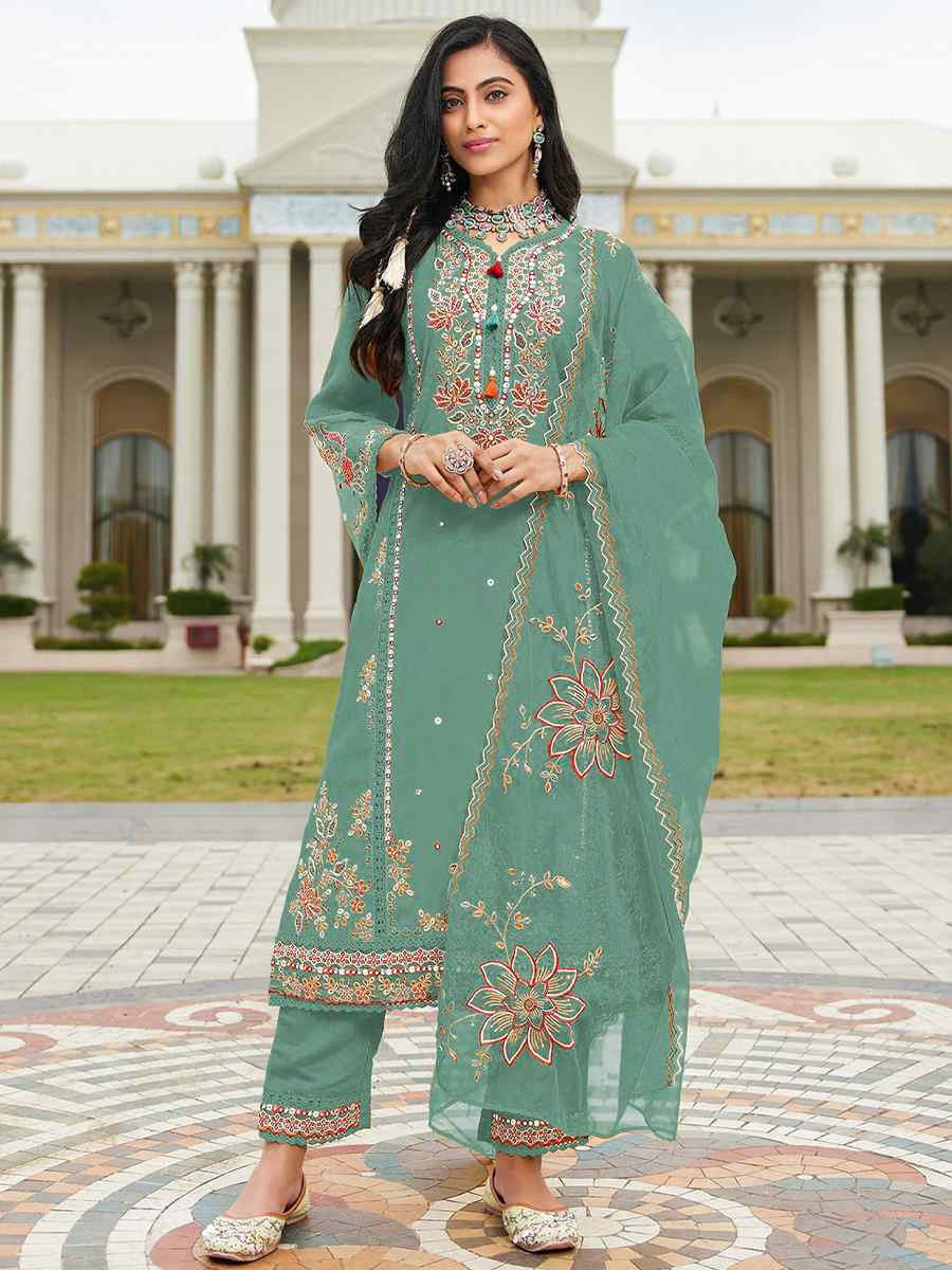 Green Cotton Embroidered Festival Wedding Pant Salwar Kameez