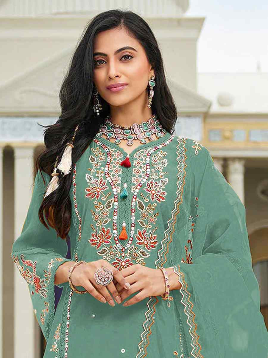 Green Cotton Embroidered Festival Wedding Pant Salwar Kameez