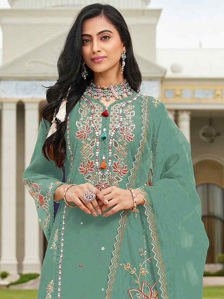 Green Cotton Embroidered Festival Wedding Pant Salwar Kameez