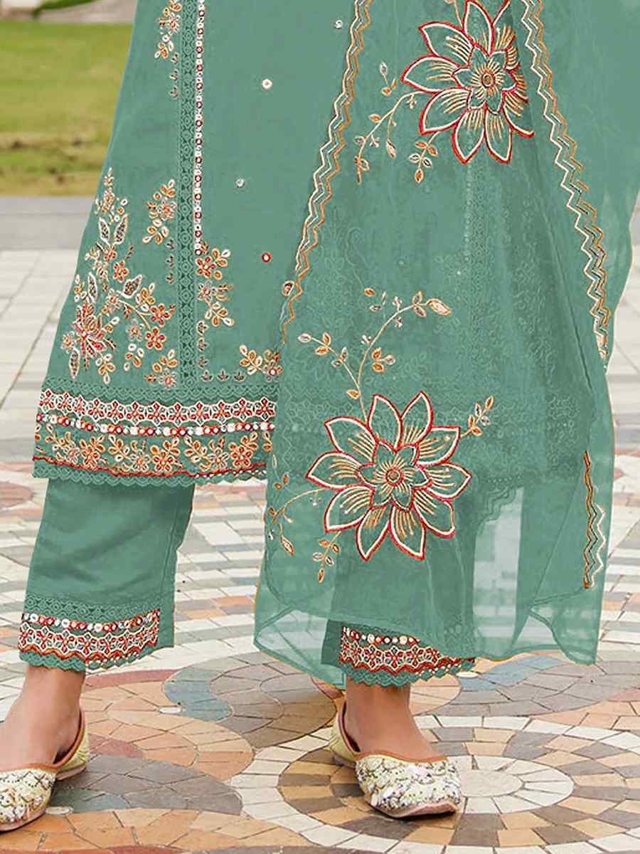 Green Cotton Embroidered Festival Wedding Pant Salwar Kameez