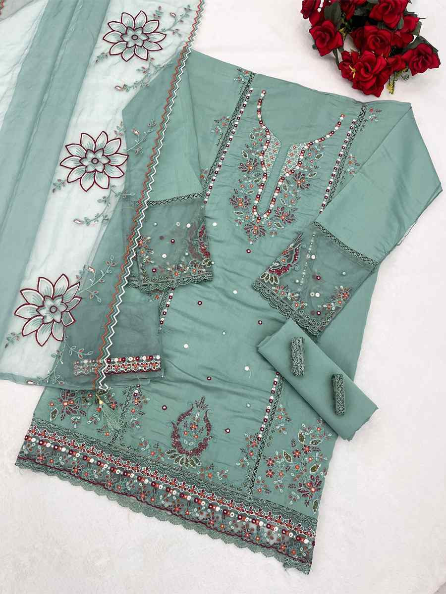 Green Cotton Embroidered Festival Wedding Pant Salwar Kameez
