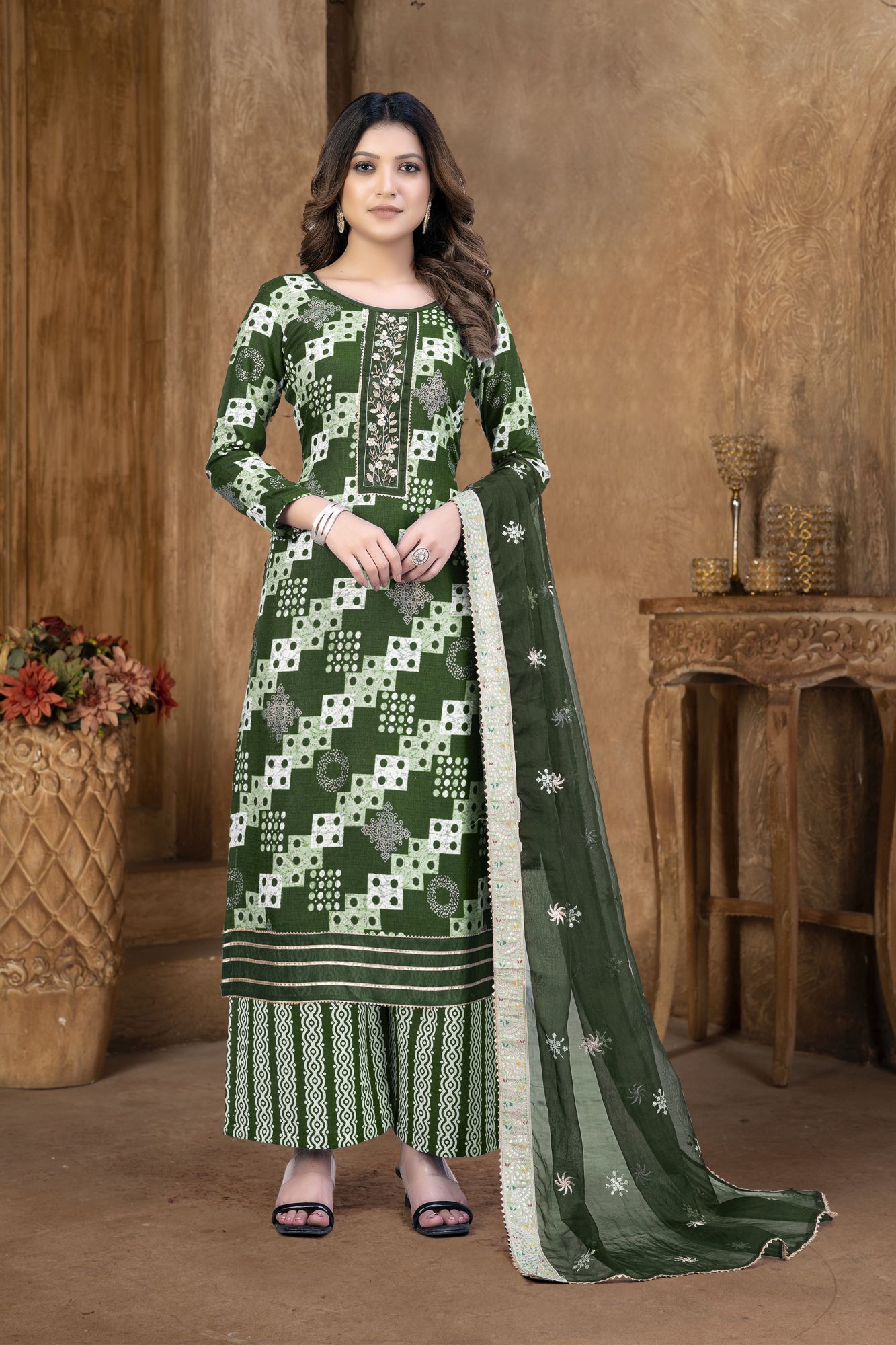 Green Cotton Embroidered Party  Festival Pant Salwar Kameez