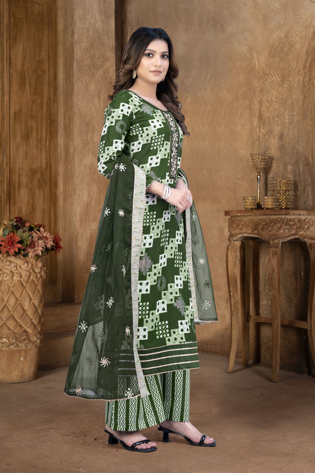Green Cotton Embroidered Party  Festival Pant Salwar Kameez