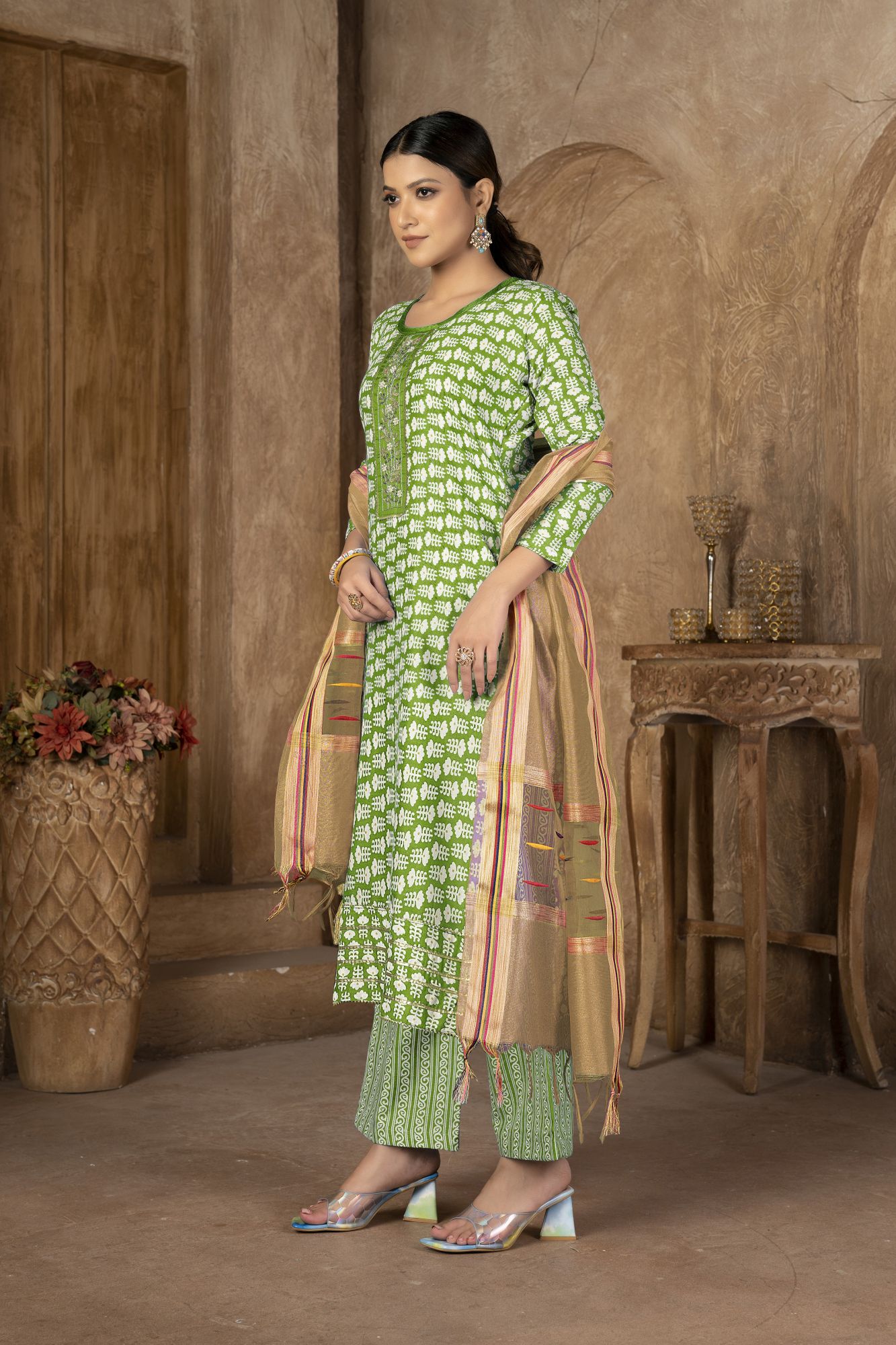 Green Cotton Embroidered Party  Festival Pant Salwar Kameez