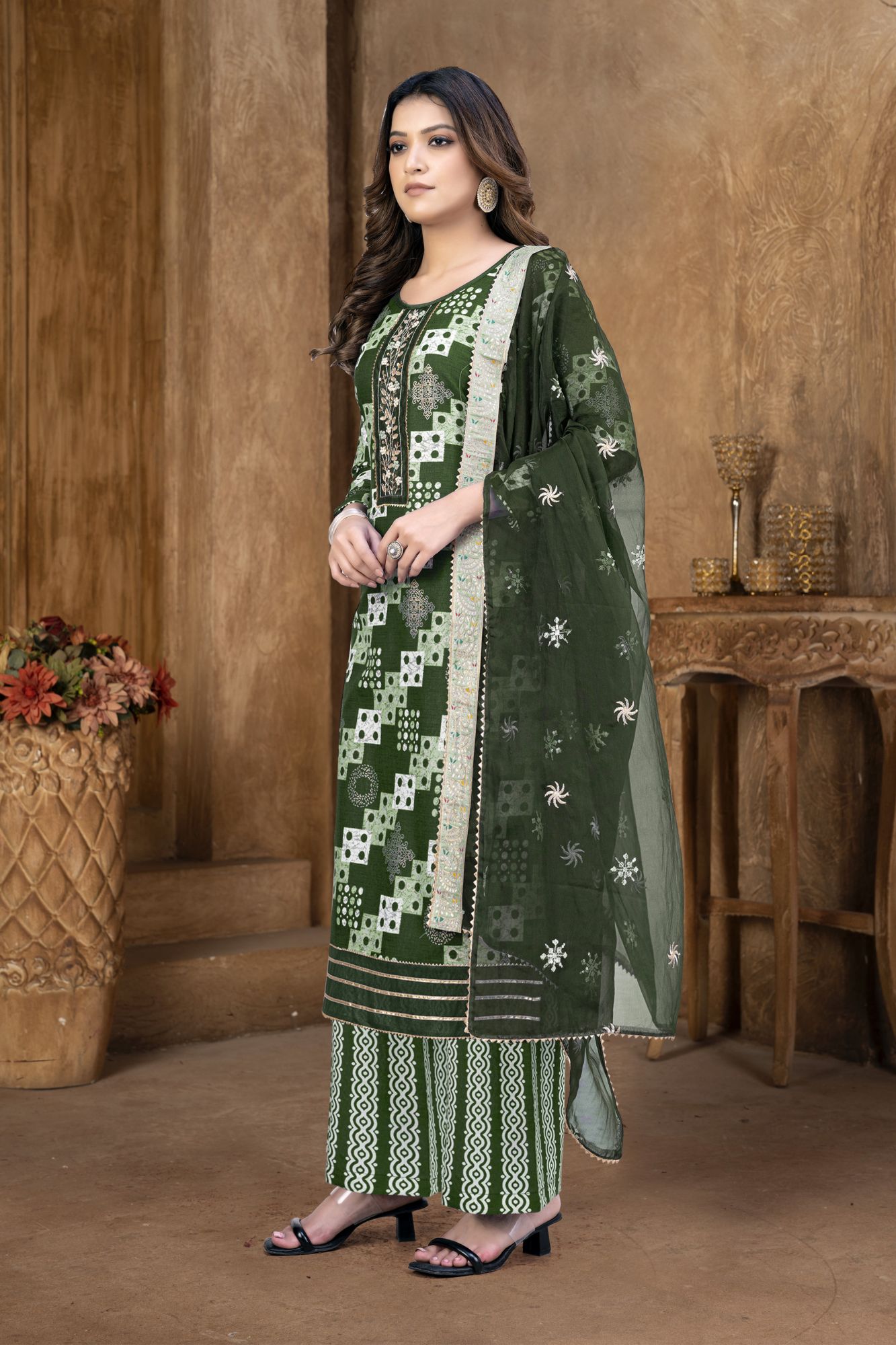 Green Cotton Embroidered Party  Festival Pant Salwar Kameez
