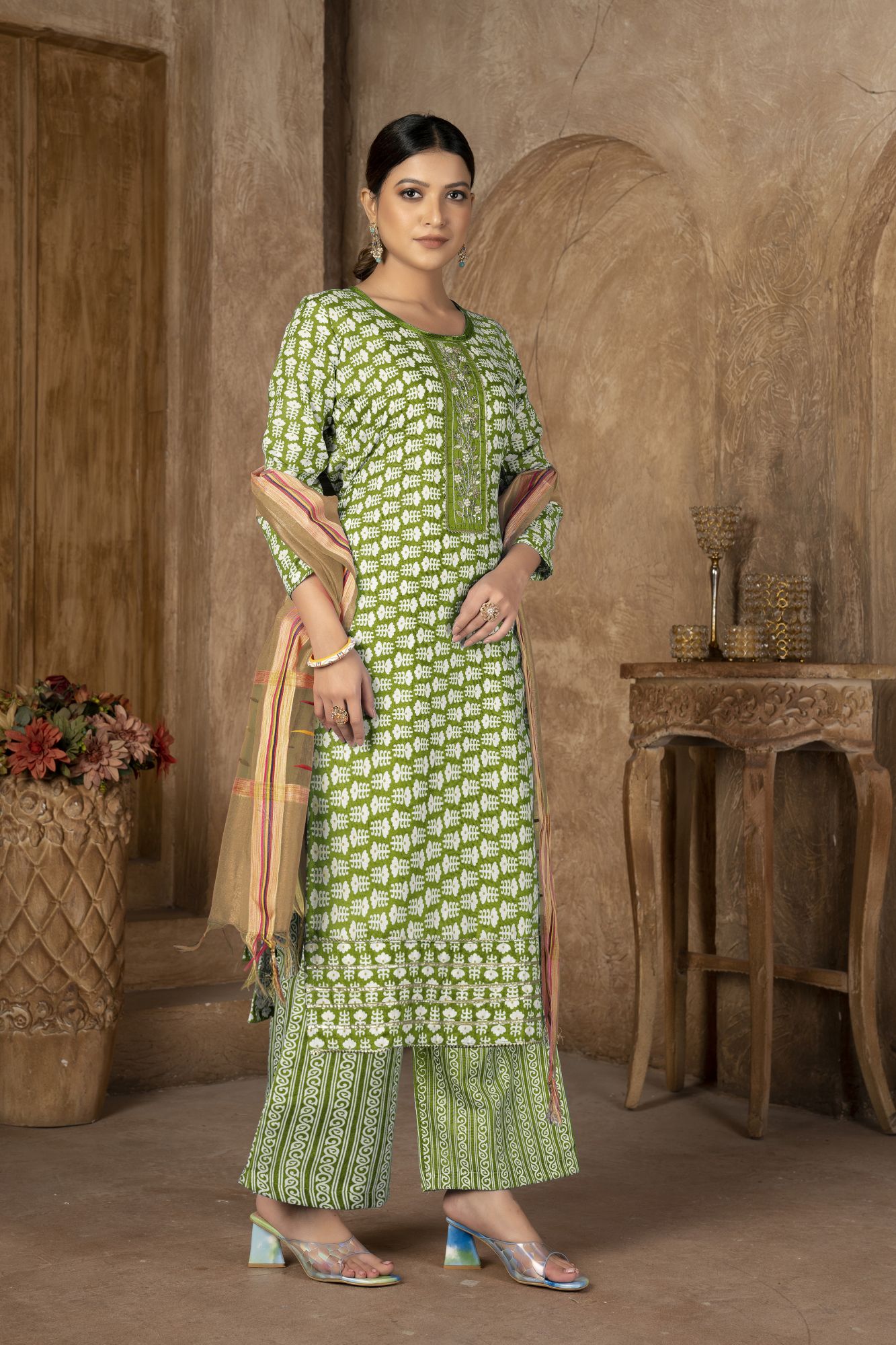 Green Cotton Embroidered Party  Festival Pant Salwar Kameez