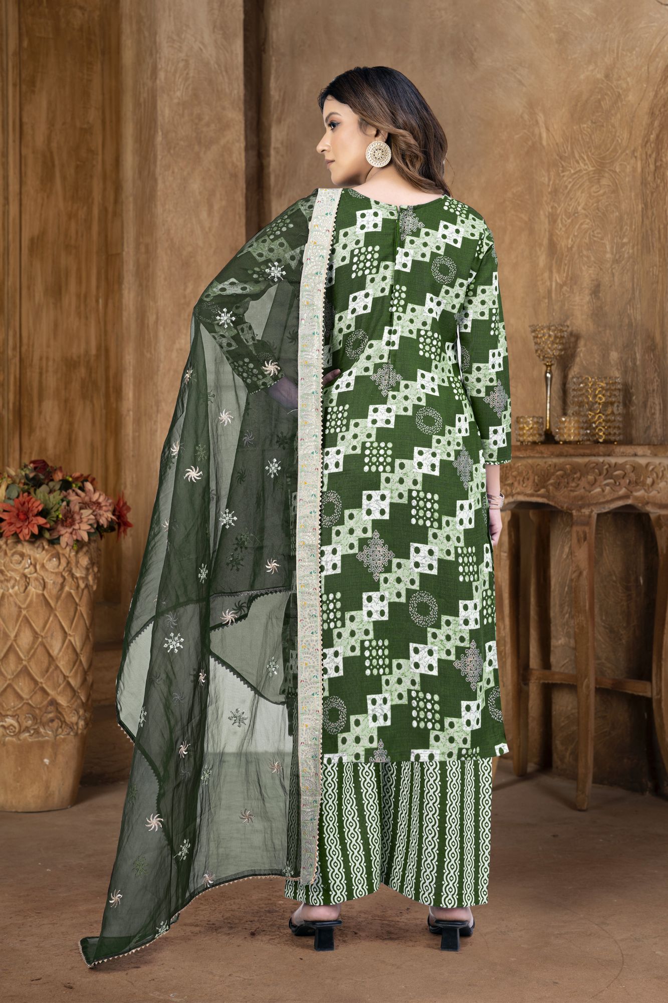 Green Cotton Embroidered Party  Festival Pant Salwar Kameez