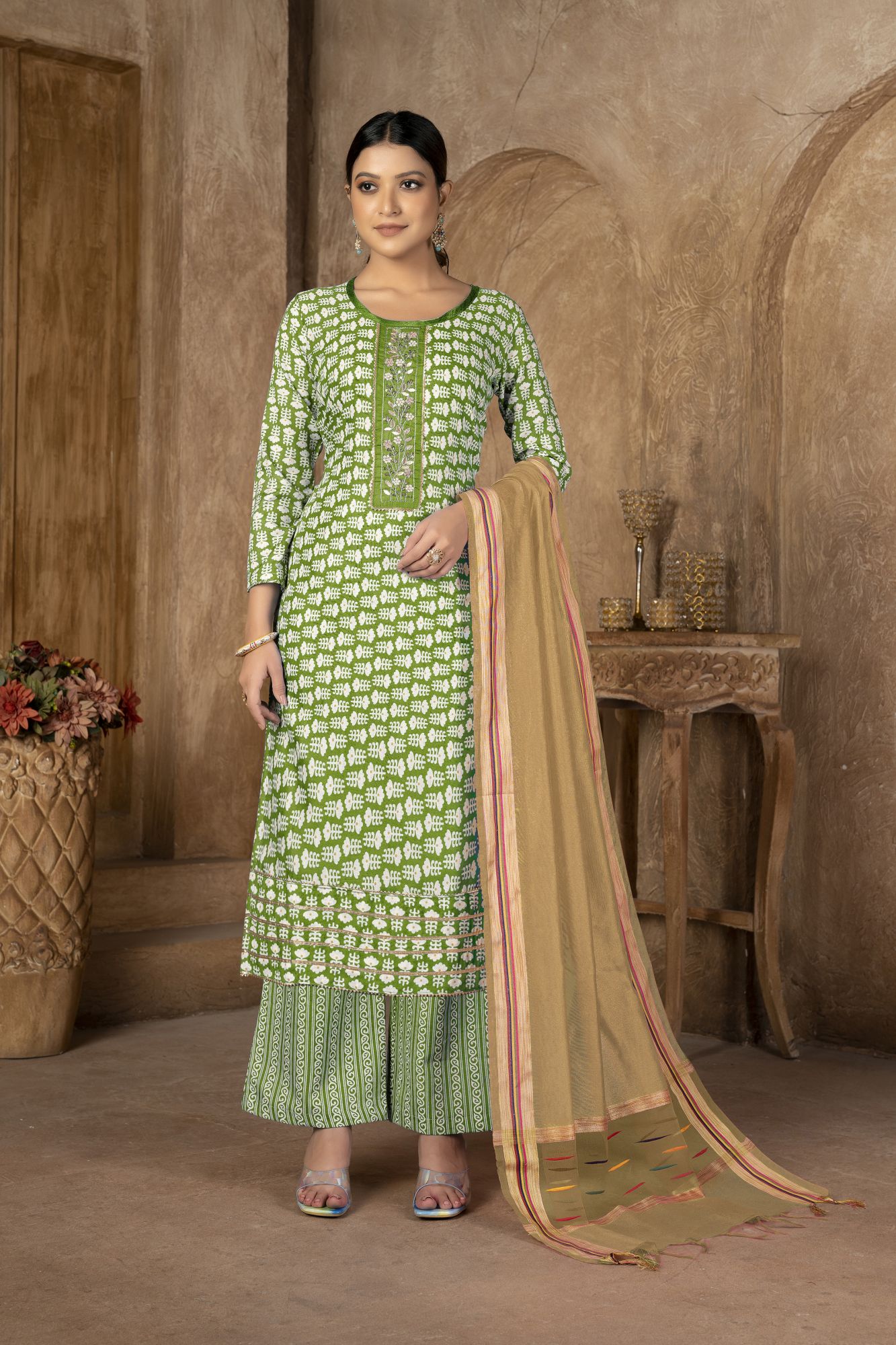 Green Cotton Embroidered Party  Festival Pant Salwar Kameez