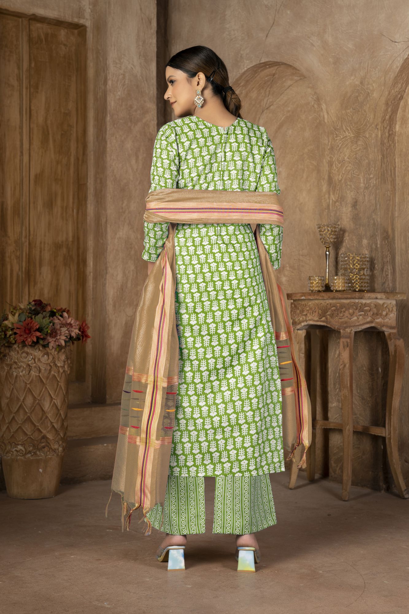 Green Cotton Embroidered Party  Festival Pant Salwar Kameez