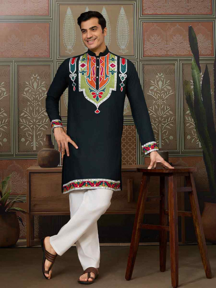 Image of Green Cotton Embroidery Festival Wedding Party Kurta