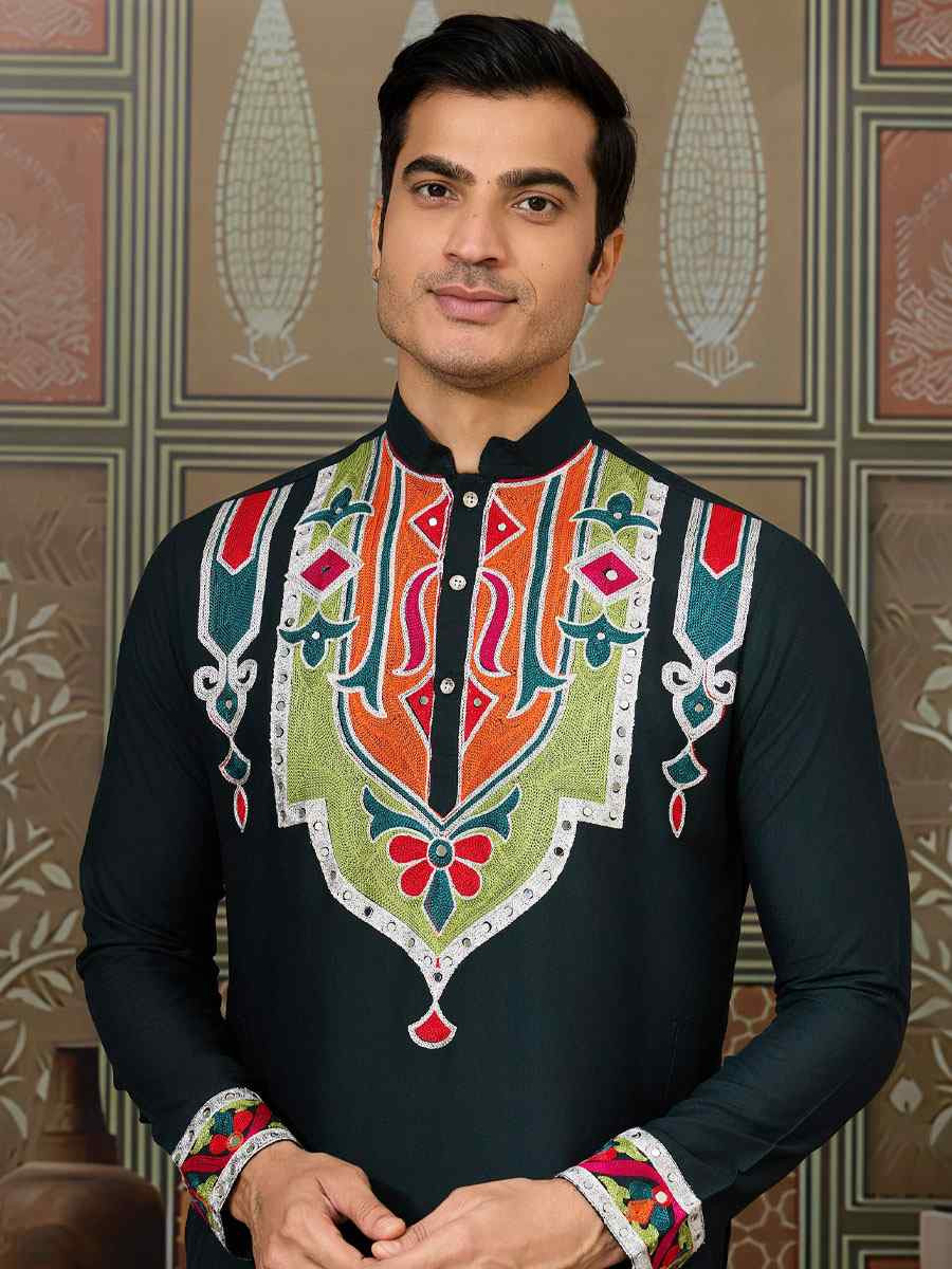 Green Cotton Embroidery Festival Wedding Party Kurta